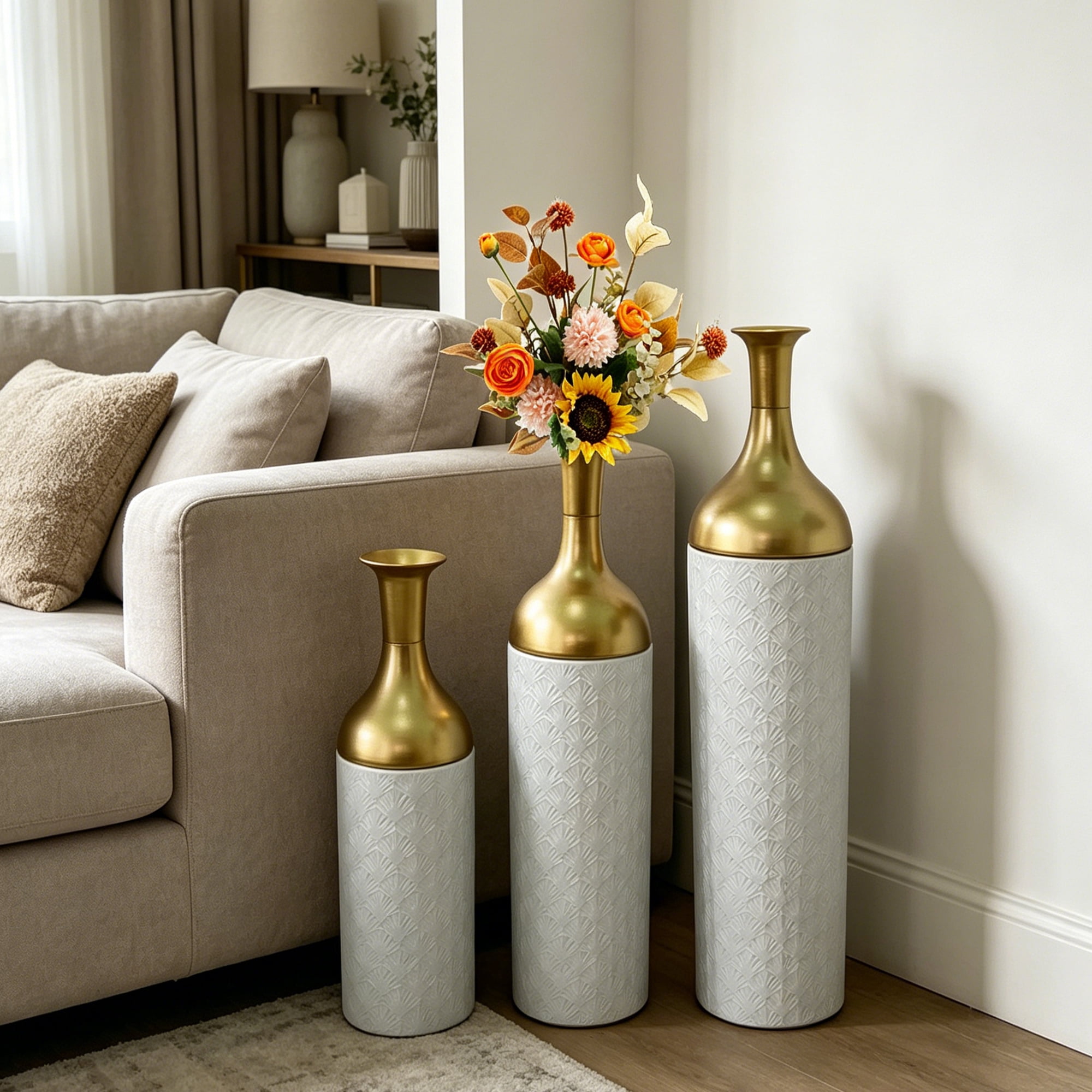 Leumius Decorative Metal Vases Set of 3, Gold Leaf Pattern Floor Vases, White & Gold Tall Vases for Home Decor, Living Room Entryway Decor