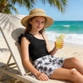 thumbnail image 3 of Girls Tankini Swimsuit One Piece Swimwear Top with Tropical Print Cover Up Skirt Girls Bathing Suit Swimwear (Black1,11-12 Years), 3 of 4