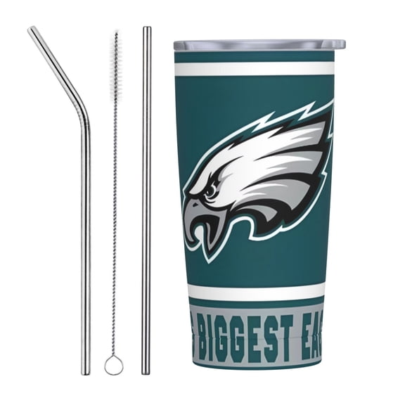 Philadelphia Football Team 20 oz Stainless Steel Thermos with Lid and Straw, Iced Coffee Cup, Reusable Stainless Steel Travel Mug for Hot or Cold Drinks, Customized Fan Gift for Men and Women