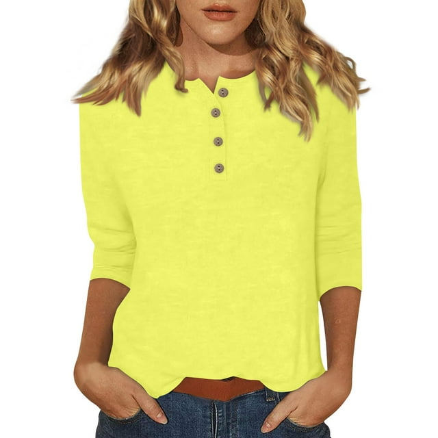 DENGDENG Womens Three Quarter Sleeve Tops Crew Neck Casual Basic Tees Summer Elbow Sleeve Button Down Shirts Fashion 2025 Three Quarter Length Tunic Tops Spring Loose Pullover Yellow L