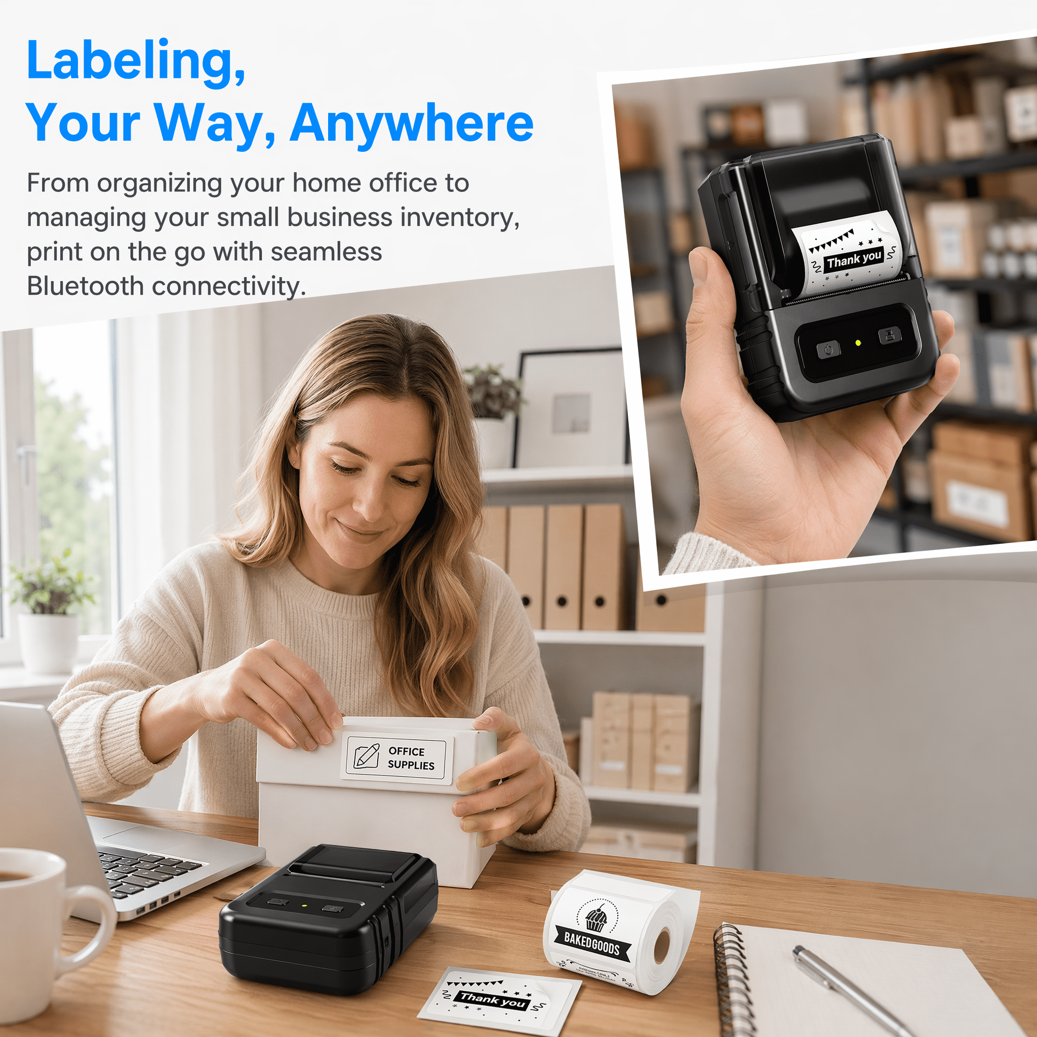 Phomemo M102 Thermal Label Maker with 100 Labels - Portable Bluetooth Address Label Printer for Small Business, Barcode & Retail, Compatible with Phones & PC (Black)