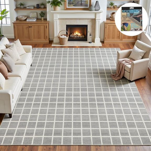 Fnova Modern Plaid 8x10 Grey Living Room Bedroom Area Rug, Large Soft Washable Non-Slip Rugs for Dining Room, Home Office Decor, Kids Playroom