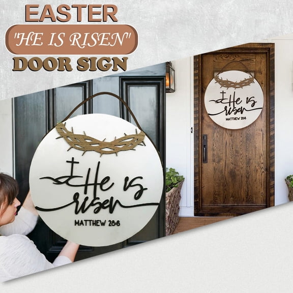 CoreLiving He Is Risen Easter Decorations Sign, Christian Bible Verse Religious Resurrection Wreath for Front Door Porch Wall, Rustic Wooden Hanging Spring Welcome Decor Indoor Outdoor Home