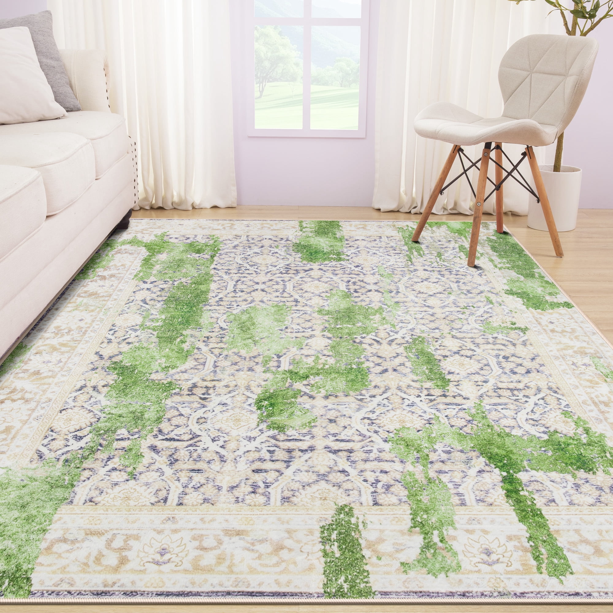 Wondo 4x6 Modern Abstract Area Rugs - Green Low Pile Washable Carpet for Living Room, Bedroom, Nursery, Office, Kitchen - Non-Slip Stain Resistant Soft Rug for Indoor Use