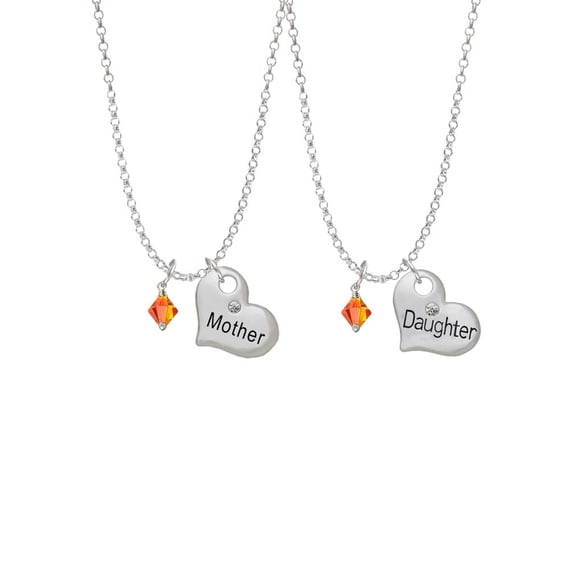 Delight Jewelry Orange Crystal Bicone Mother & Daughter Heart Necklaces (Set of 2), 19"+2"