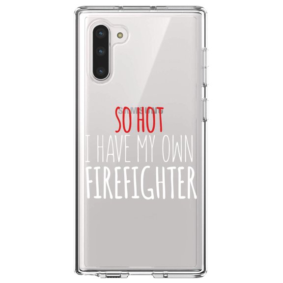 DistinctInk Clear Shockproof Hybrid Case for Samsung Galaxy Note 10 (6.3" Screen) - TPU Bumper Acrylic Back Tempered Glass Screen Protector - So Hot I Have My Own Firefighter