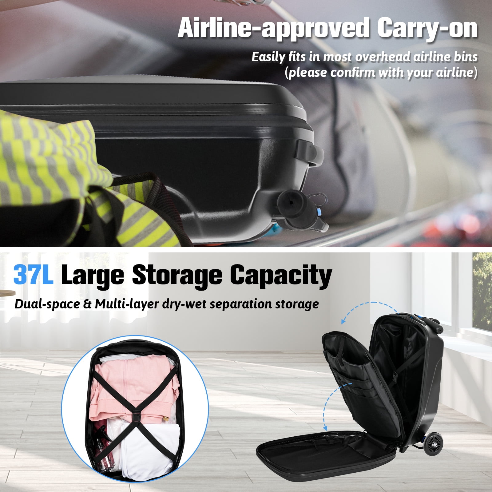 Advwin Scooter Luggage for Kids & Adults, Hardside Ride on Suitcase for Kids Ages 4-15 Multifunctional Lightweight Foldable Carry on Luggage with Wheels Ride on for Children Teenagers, Black
