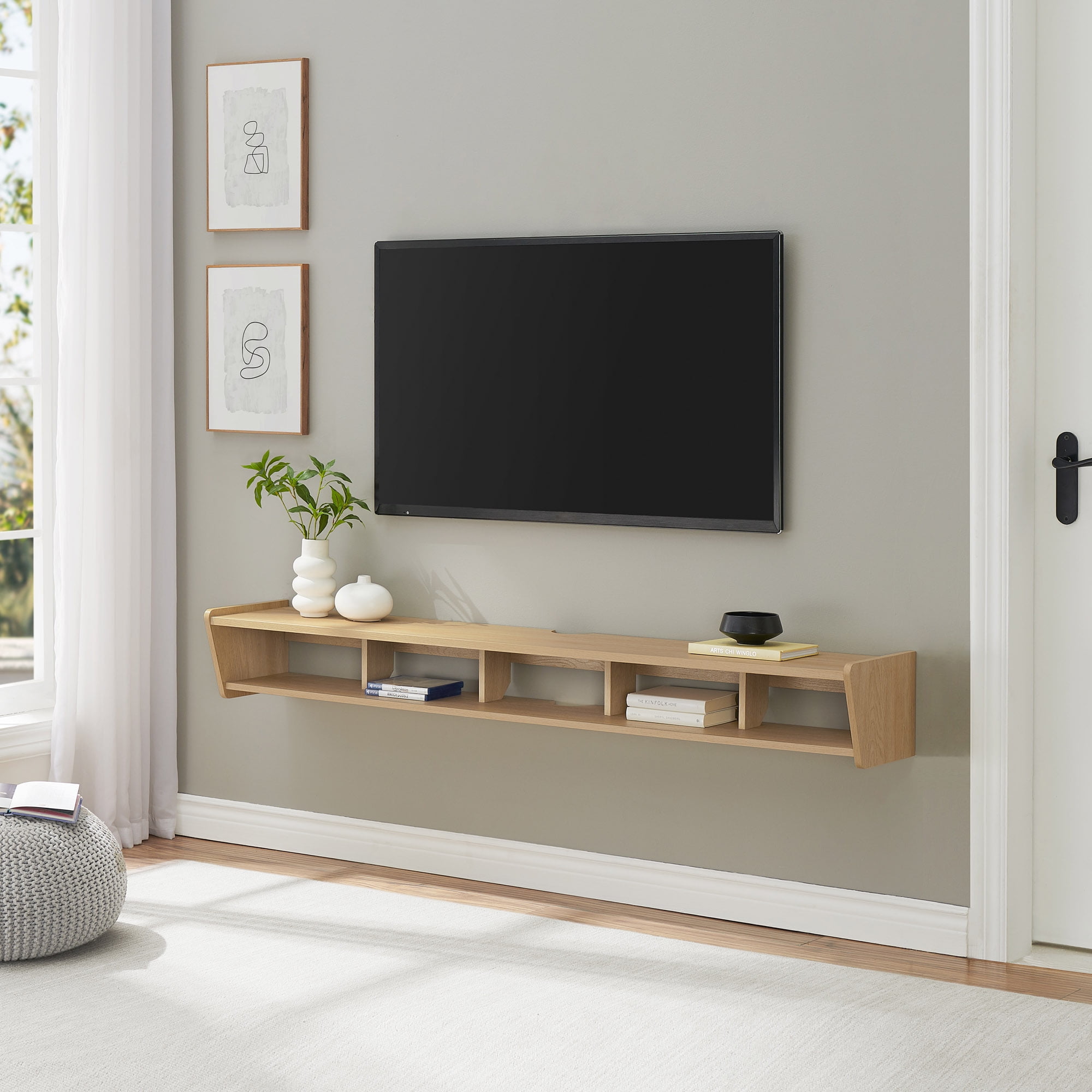 Walker Edison Minimalist Floating TV Stand for TVs up to 70", Coastal Oak