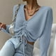 thumbnail image 4 of Jersey de mujer Prendas de punto recortadas acanaladas Top corto de punto fruncido con cordón Cuello en V sólido (azul), 4 of 5