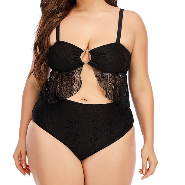 Traje de baño de talla grande con volantes y encaje dividido de bikini de cintura alta cómodo de color sólido para mujer OAVQHLG3B Store lin121212