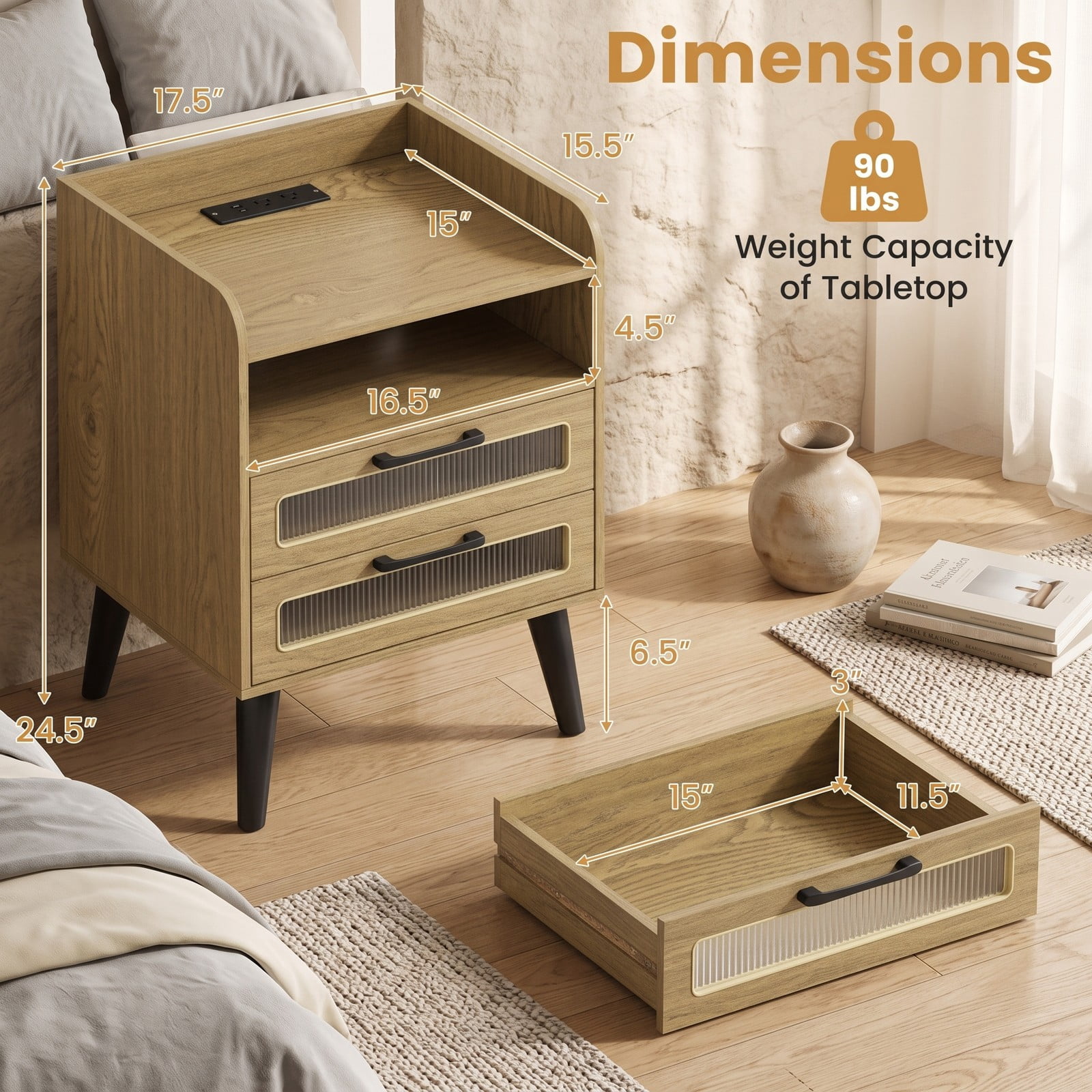 Furnibear Mid Century Nightstand with Charging Station and LED Lights, Bedside Table with 2 Drawers and Open Shelf for Bedroom, Natural