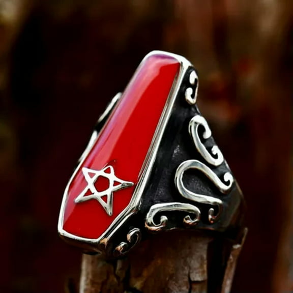 K-KED Red Enamel Satan Star Vampire Coffin Ring Stainless Steel Vintage Biker Men Ring-11