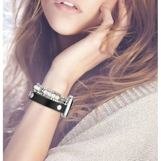 Bracelet Band Leather Compatible with Apple Watch 38mm 40mm 41mm Women Dressy Fancy Elastic Beaded Jewelry Strap for Iwatch SE 7 6 5 4 3 2