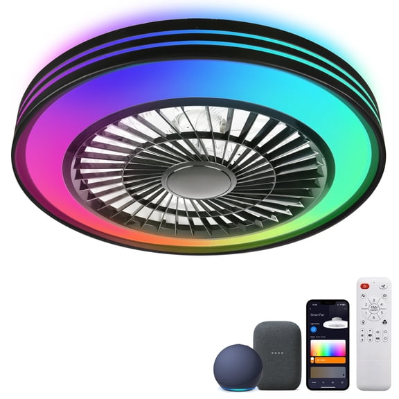 WUTGHUI RGB Ceiling Fans with Lights 20" Fandelier Low Profile Smart Ceiling Fan with Light, Flush Mount Ceiling Fan Light with Remote/APP /Alexa Voice Control/Google Home