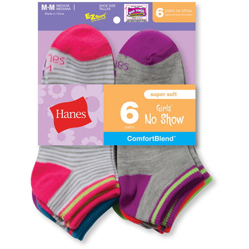Hanes Little Girls Premium No Show Sock 6 Pairs Shoe Size 4-10 