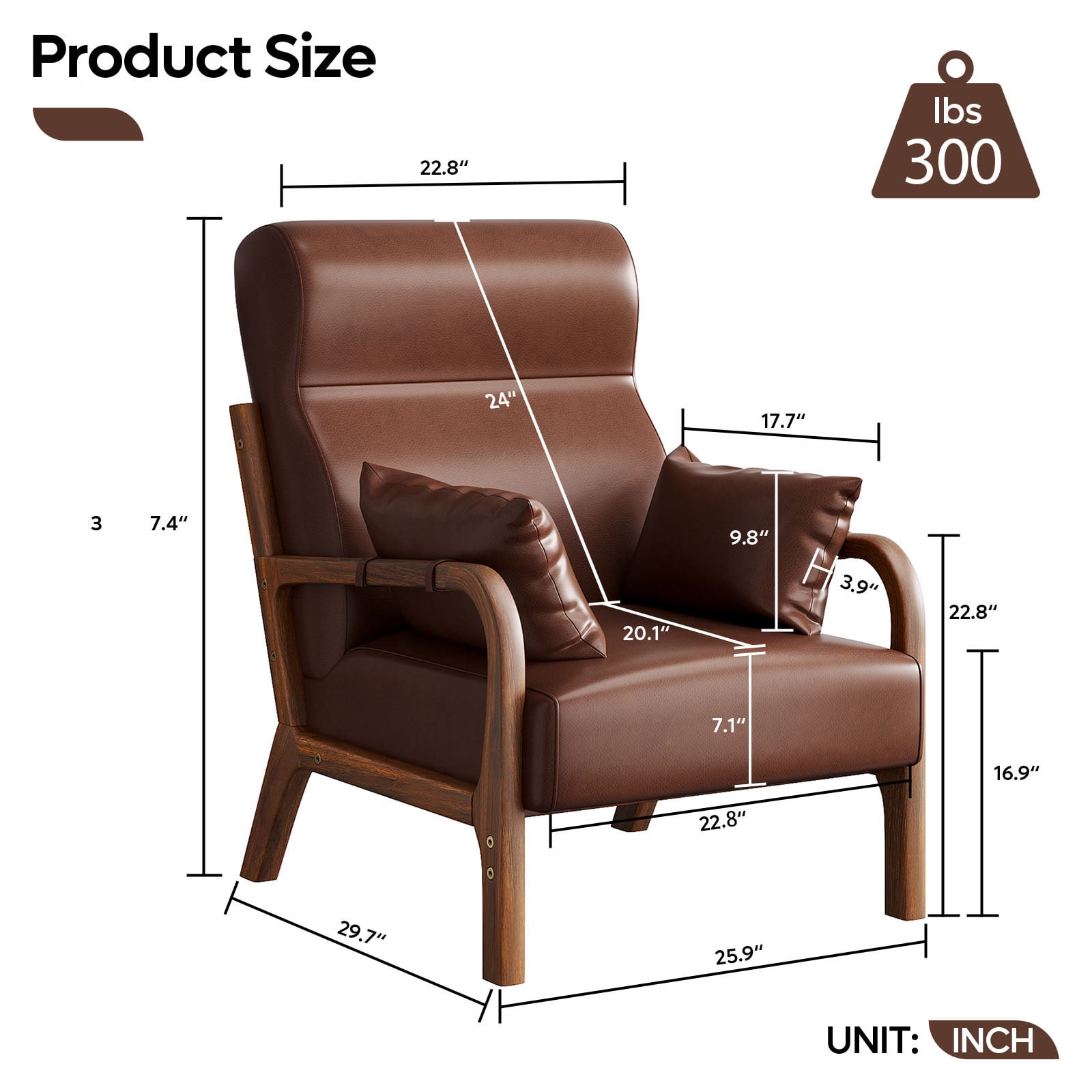 Bestier Mid-Century Modern Accent Chair with Solid Wood Frame & Pillows, 37" Upholstered Reading Lounge Chair for Living Room, Bedroom, Brown PU Leather