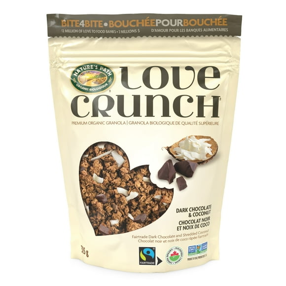 Love Crunch Organic Dark Chocolate & Coconut Granola 325g Pouch, Organic dark chocolate and shredded coconut