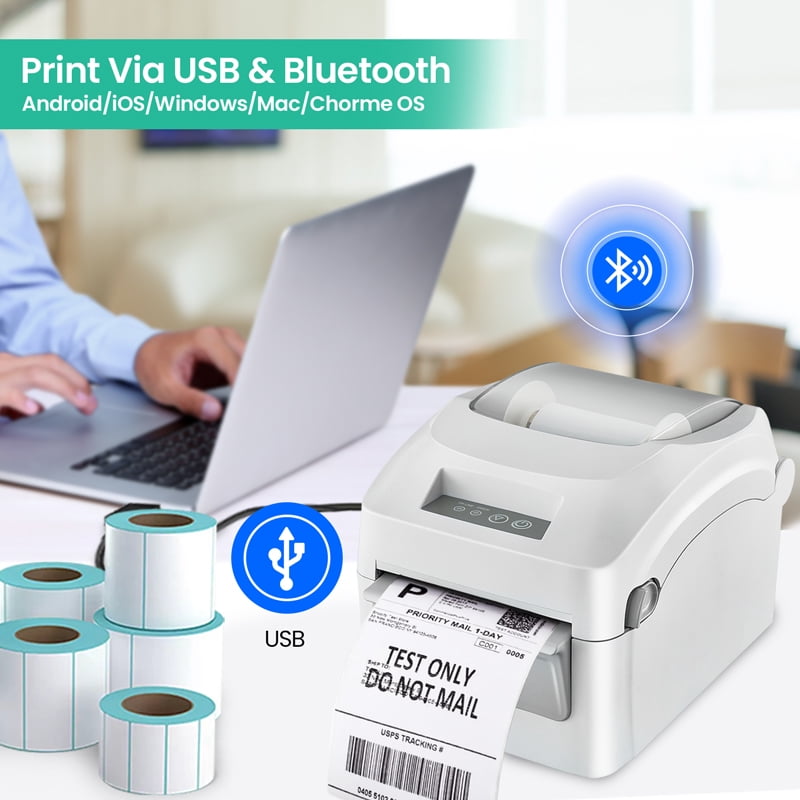 Grozziie Thermal Label Printer, 203DPI USB-Bluetooth, High Speed 4x6 Shipping Label Printer-Compatible with Android, iOS, Windows, macOS, & ChromeOS