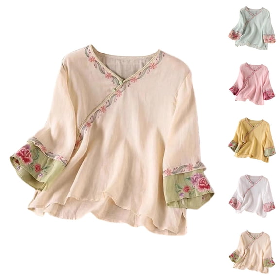 Vintage Embroidered T Shirts for Women 2026 Summer Casual Elbow Sleeve V Neck Cotton Linen Tee Shirt