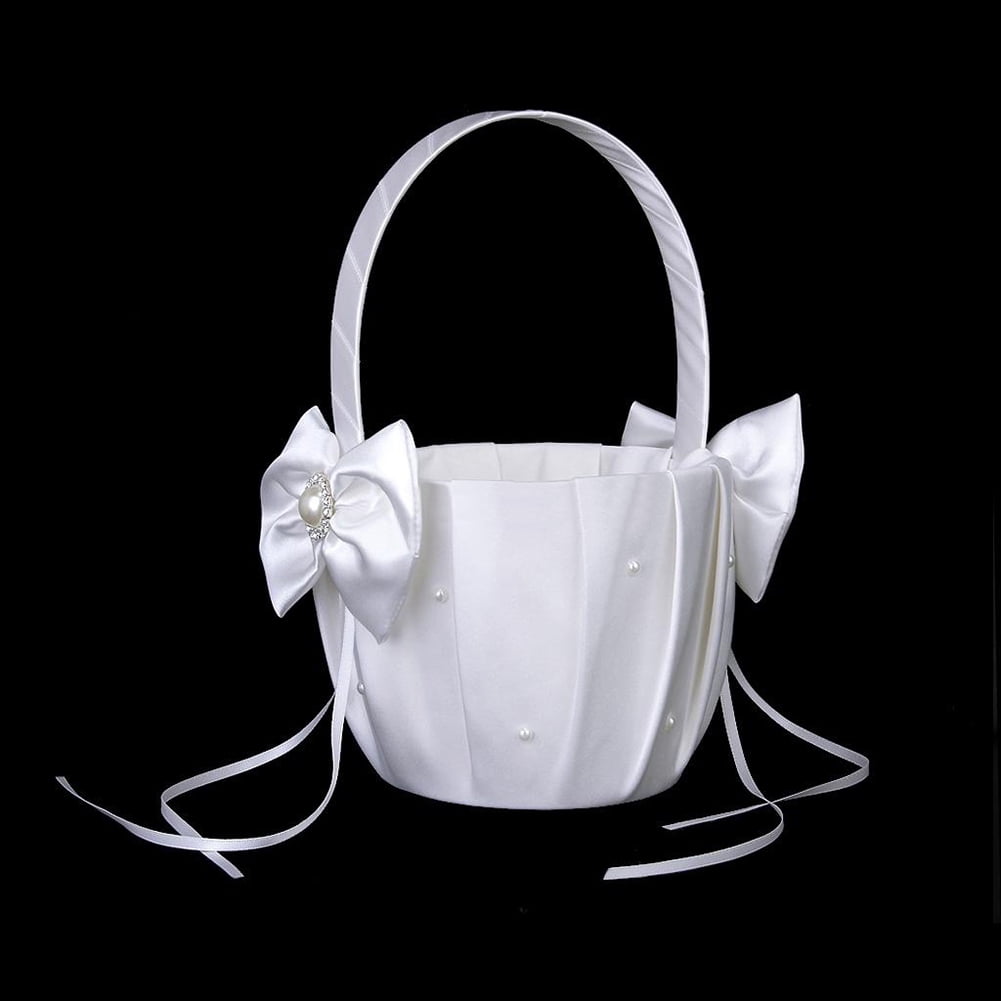 Wedding Flower Girl Basket White Satin Beautiful Pearl Bowknot Ceremony Wedding Flower Girl Basket White Satin Beautiful Pearl Bowknot Ceremony
