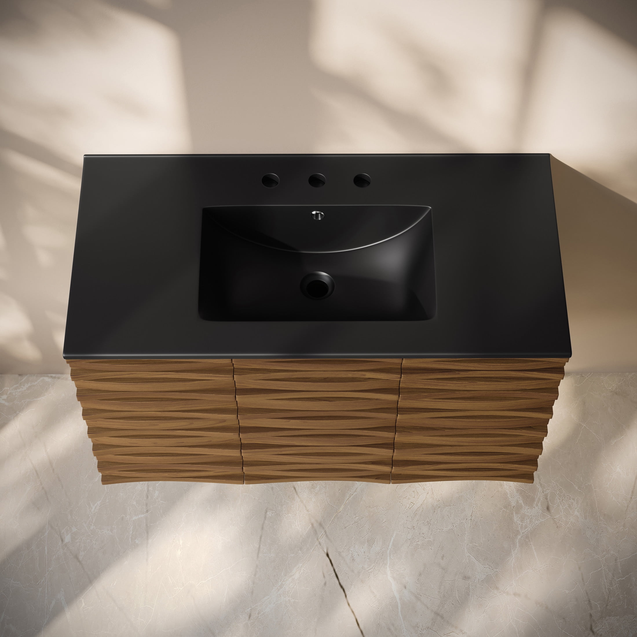 Cascade 36" Wall-Mounted Bathroom Vanity in Brown Oak with Black 3-Hole Widespread Sink Top
