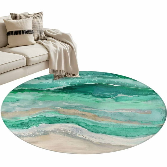Green Coastal Round Area Rug 3 FT, Small Kitchen Bathroom Mat, Summer Beach Nautical Abstract Art Washable Indoor Outdoor Throw Runner Carpet Non-Shedding Doormat for Table Shower Sofa Entryway