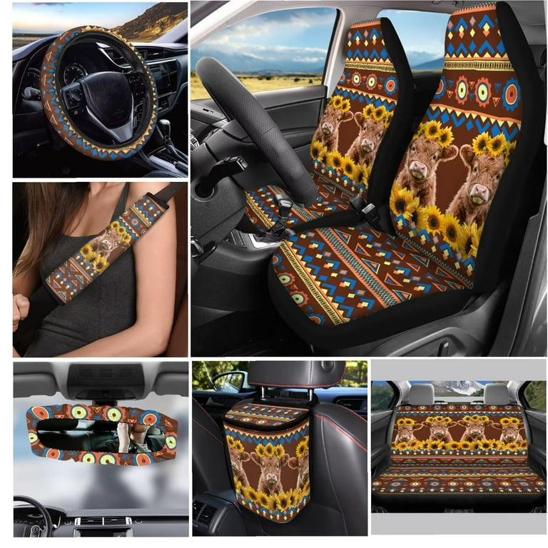JOAIFO Boho Car Seat Covers with Matching Steering Wheel Cover