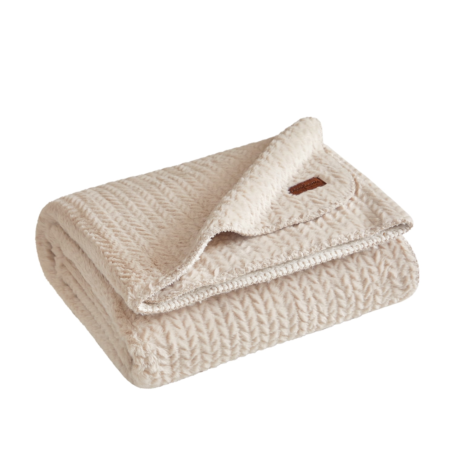 Dearfoams Reversible Embossed Faux Fur to Faux Shearling Oversized Couch Throw Blanket, Beige, 50 x 70 in