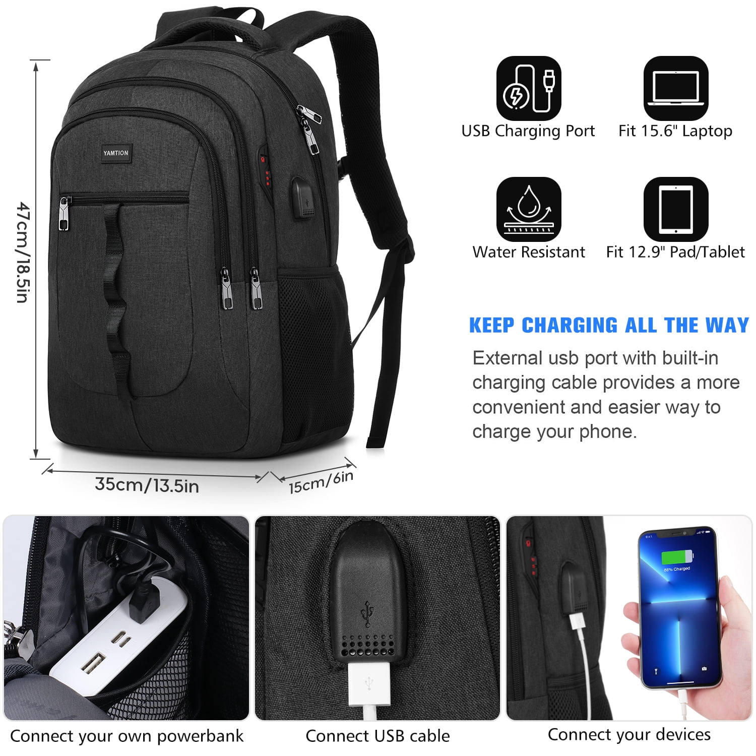 Black Backpack for Men ,School Bookbag for Teen Boys Laptop Backpack with USB for Collge Travel  Work Business