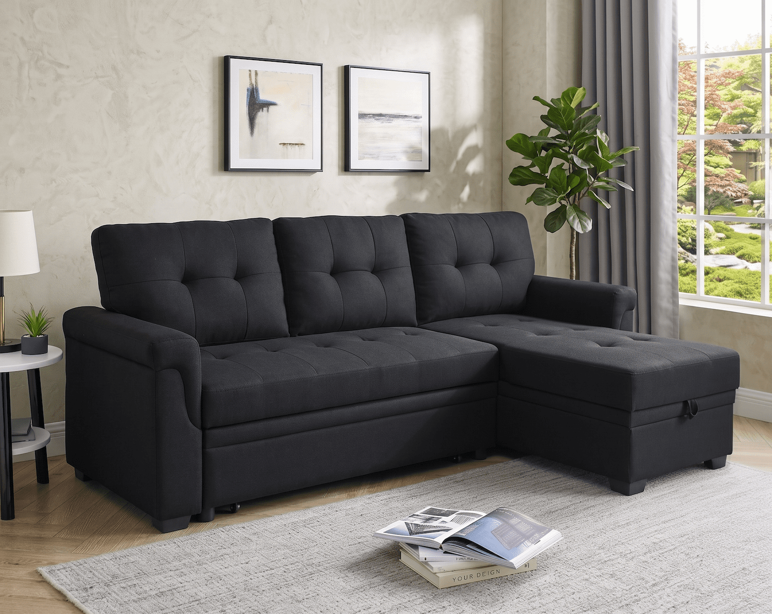 Convertible Sleeper Sofa Bed 86" L Shaped Sectional Couch with Pull Out Bed & Reversible Storage Chaise, Modern Linen Fabric Sofa Couch for Living Room Apartment (Black)
