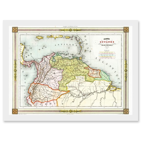 Duvotenay 1846 Map Colombia Guyana Americas Artwork Framed Wall Art Print A4