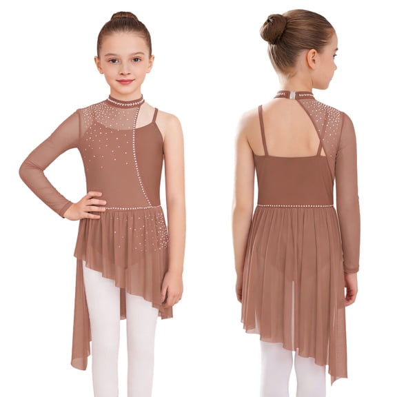 Aislor Girls Sparkly Lyrical Contemporary Figure Skating Dress Irregular High Low Skirted Leotard Dancewear Dusty Pink 16