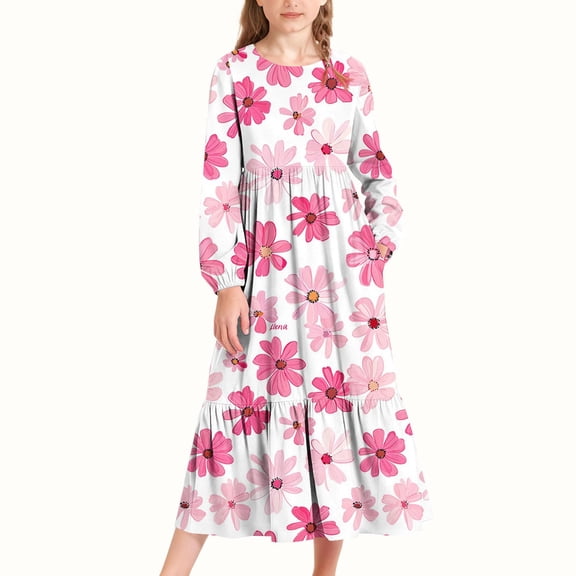 LOINRODI Girls Long-Sleeve Tiered Maxi Dress Soft Pockets Design Spring Fall Floral Girls' Casual Dresses Pink 4-14 Years