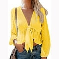 thumbnail image 2 of Pompotops Women's Sexy Solid Color Deep V-Neck Lantern Sleeves Ruffled Blouse Top, 2 of 9