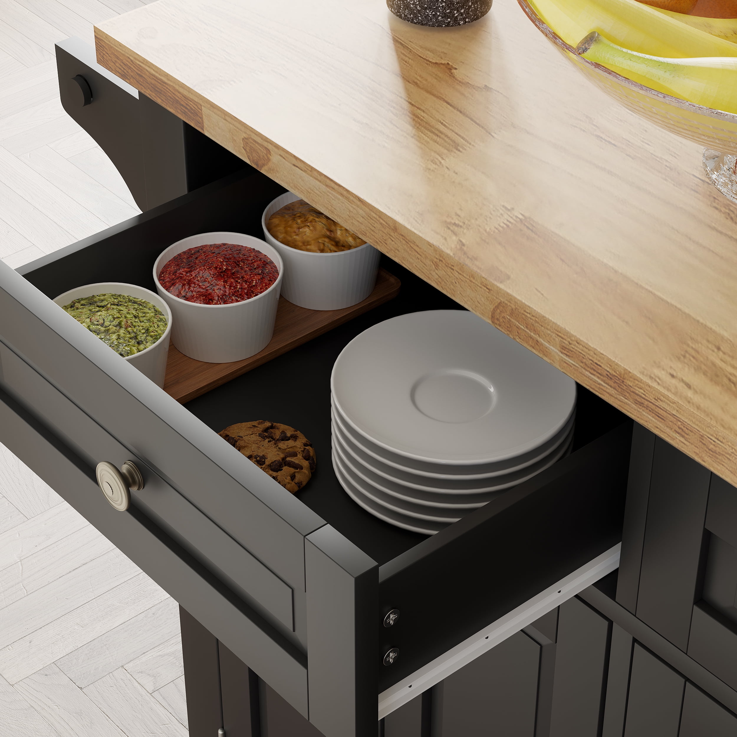 CAIDI Rolling Kitchen Islands with Adjustable Shelves, Wood Composite Black, 5.20 in