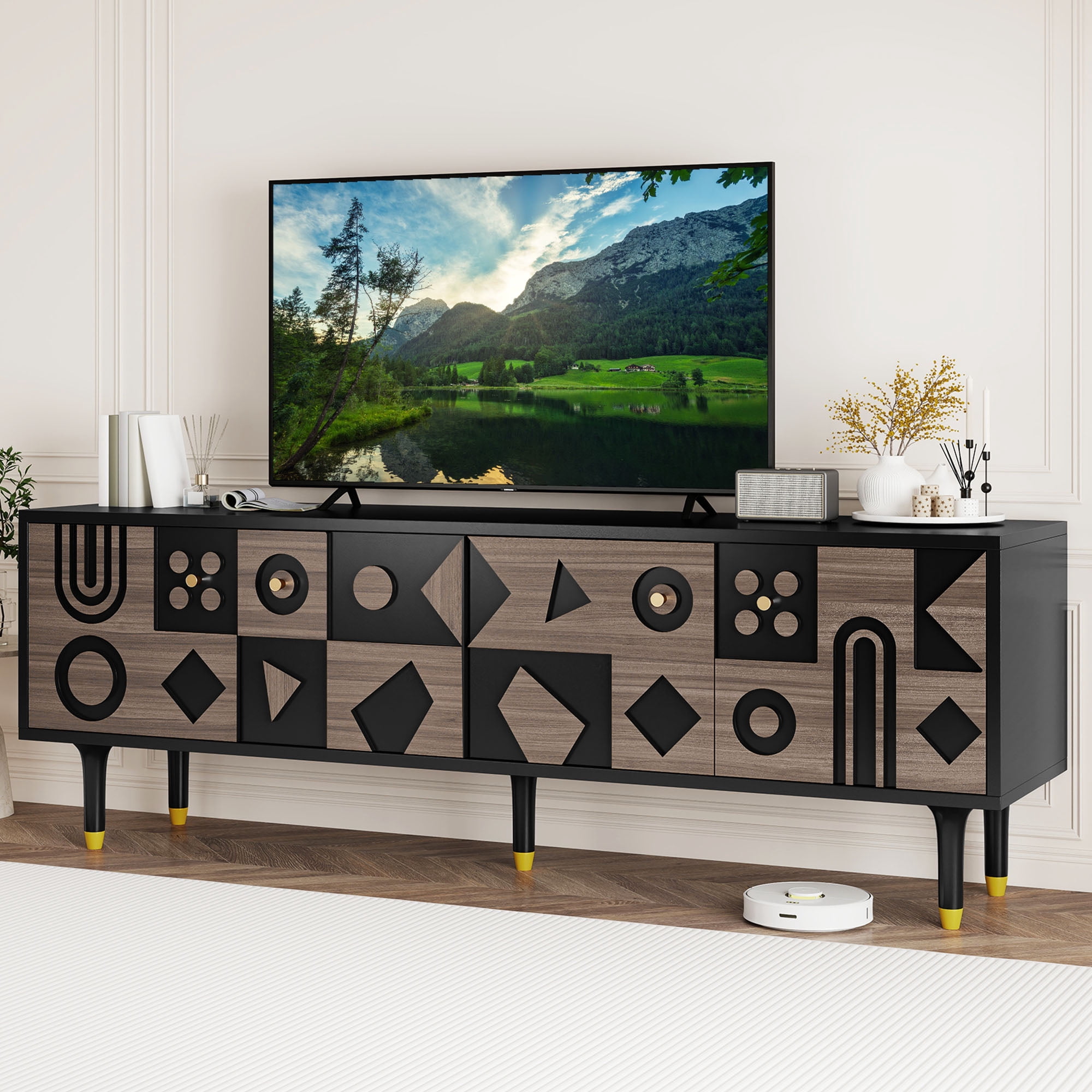 Uforic 70" Mid-Century TV Stand for TVs Up to 80", Entertainment Center with Textured Doors & Storage, Black & Walnut