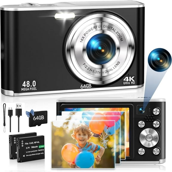 4K Digital Camera, 48MP Autofocus Camera Selfie with Front and Rear Dual Lenses, 64GB Card, 16X Digital Zoom, Compact Travel Vlogging Video Camera Gift for Beginner(Black)