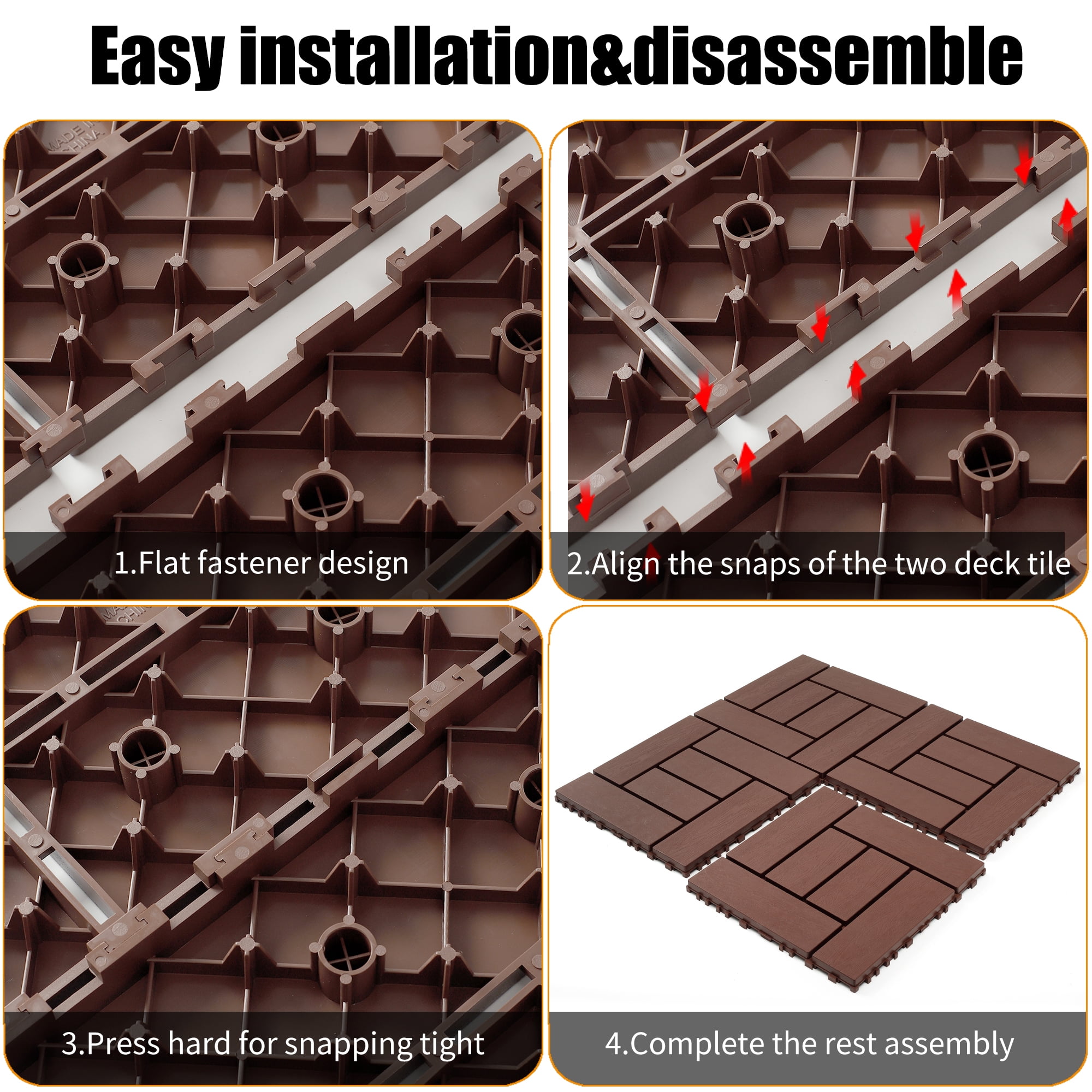 44 PCS 12-Inch ZZ Style Interlocking Deck Tiles Brown DIY Modular Floor Tiles Indoor Outdoor Courtyard Balcony Bathroom Quick Install Flooring