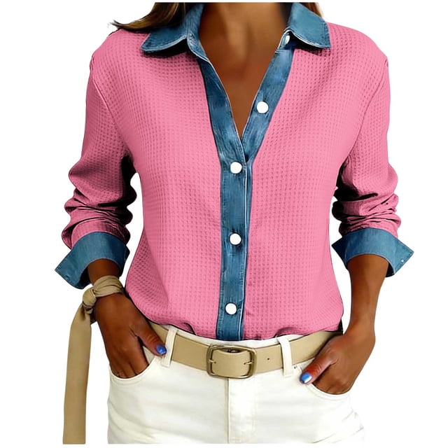 TaTaai Women's Loose Fit Blouse Long Sleeve Lapel Collar Waffle Knit Design Button Front Denim Style Casual Top Gift