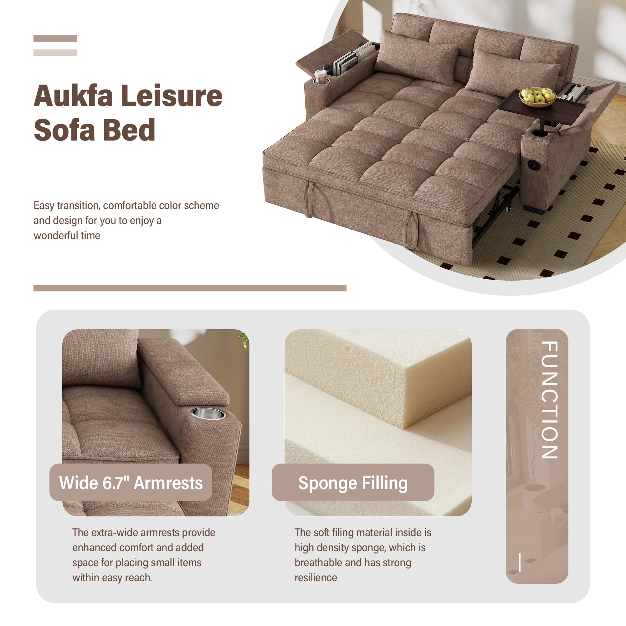 Aukfa 65"W Convertible 3-in-1 Sofa Bed with Storage, Queen Chenille Sleeper Couch with USB/Type-C Ports & Rotating Side Table,khaki