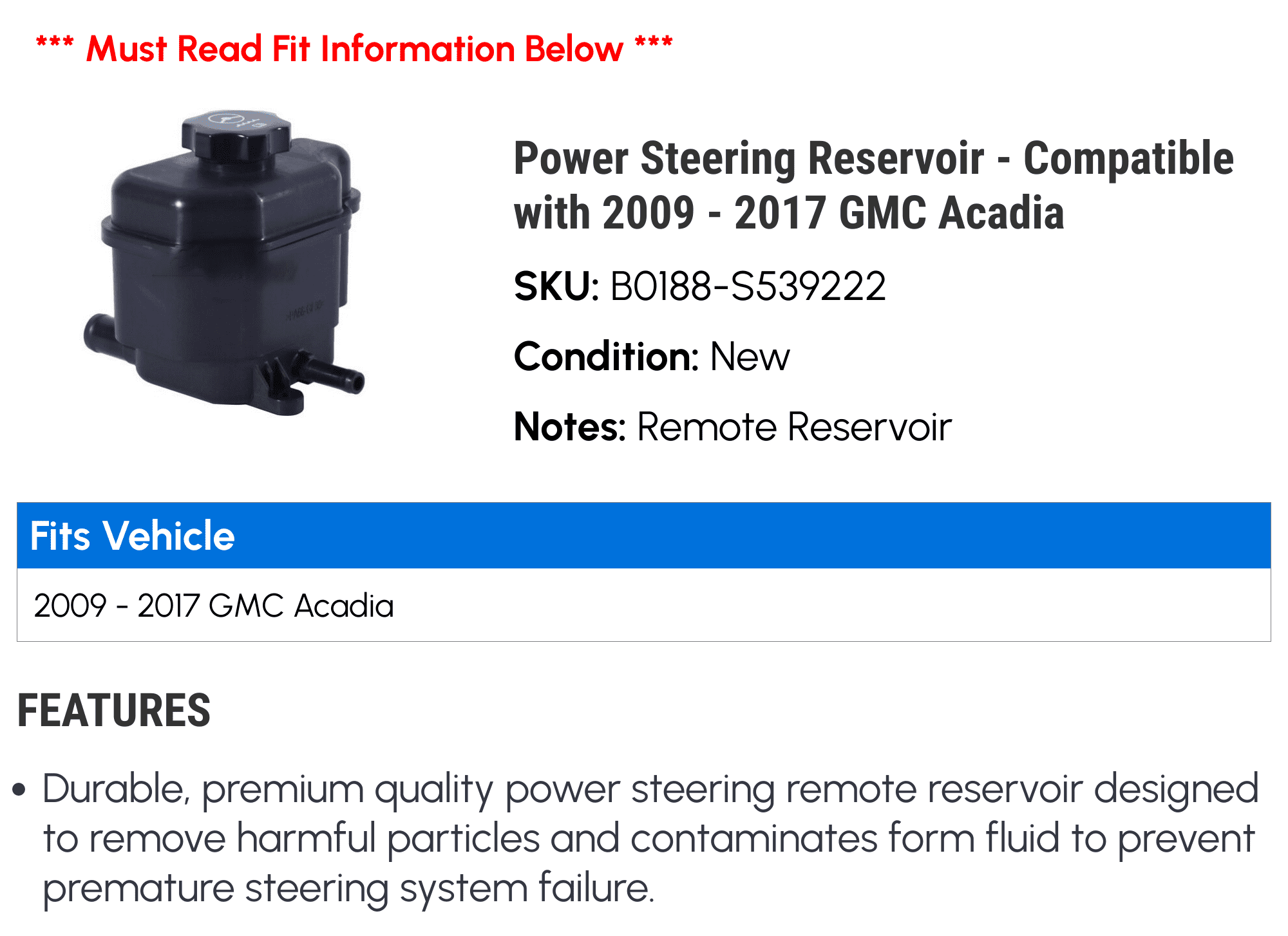Power Steering Reservoir - Compatible with 2009 - 2017 GMC Acadia 2010 2011 2012 2013 2014 2015 2016