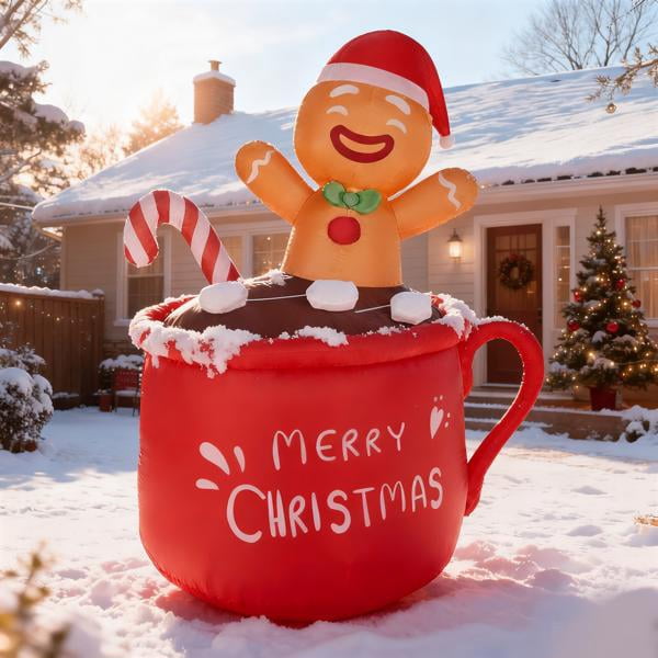 Alvantor 5.9 ft Lighted Gingerbread Man Christmas Inflatable in Hot Cocoa Cup, 3 Warm White LEDs, Outdoor Yard Decor