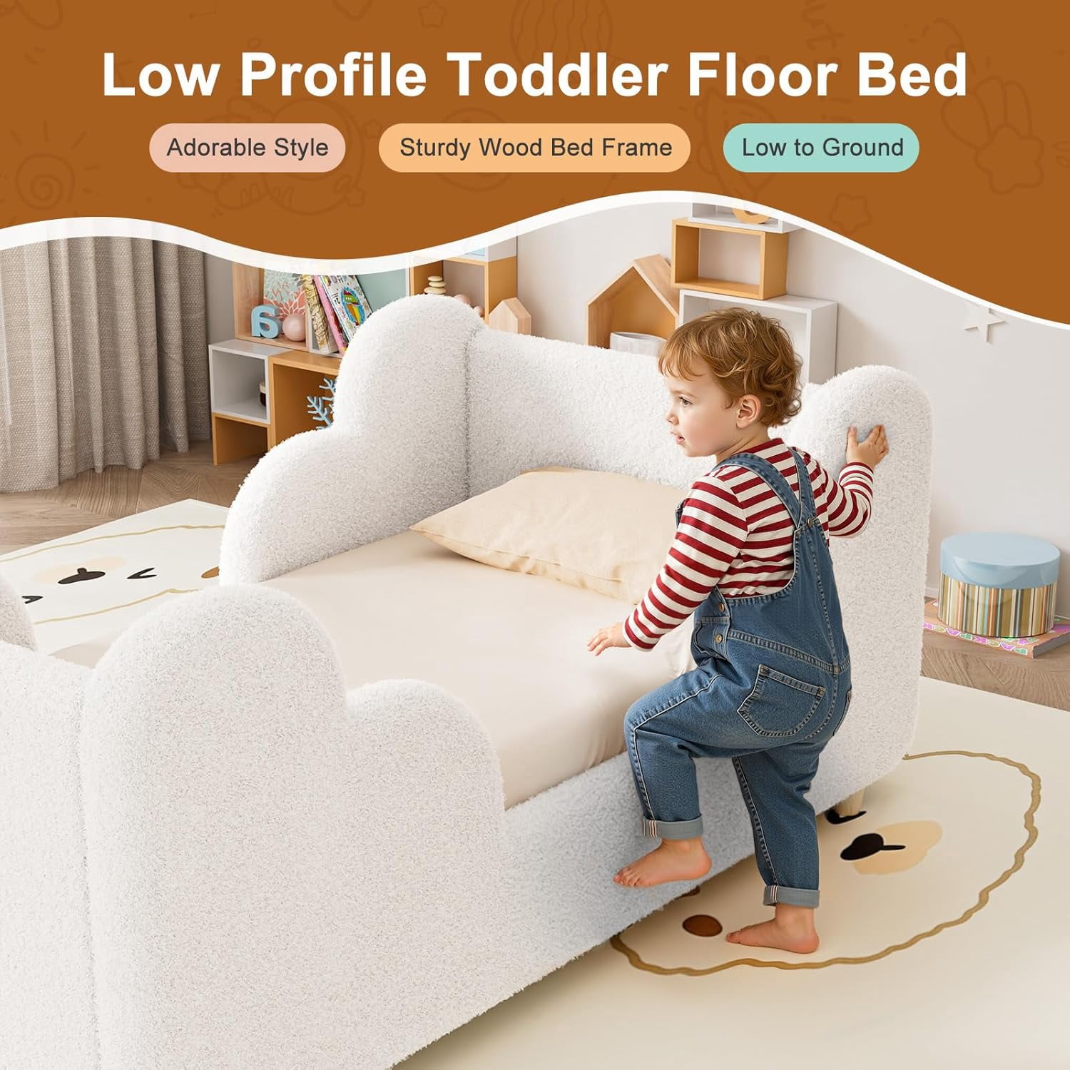 SLSY Toddler Bed,Warm White Child Bed for Kids with Extra Safty Broad,Certified Fabric Toddler Floor Bed,Standard Crib Size(Mattress Not Included)