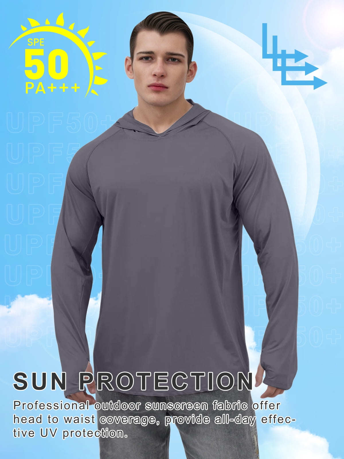 Sanmadrola Mens UPF 50+ Sun Protection Hoodie Fishing Shirts for Men Long Sleeve SPF Hiking Running Workout Thumbhole Shirt Hooded Quick Dry Lightweight