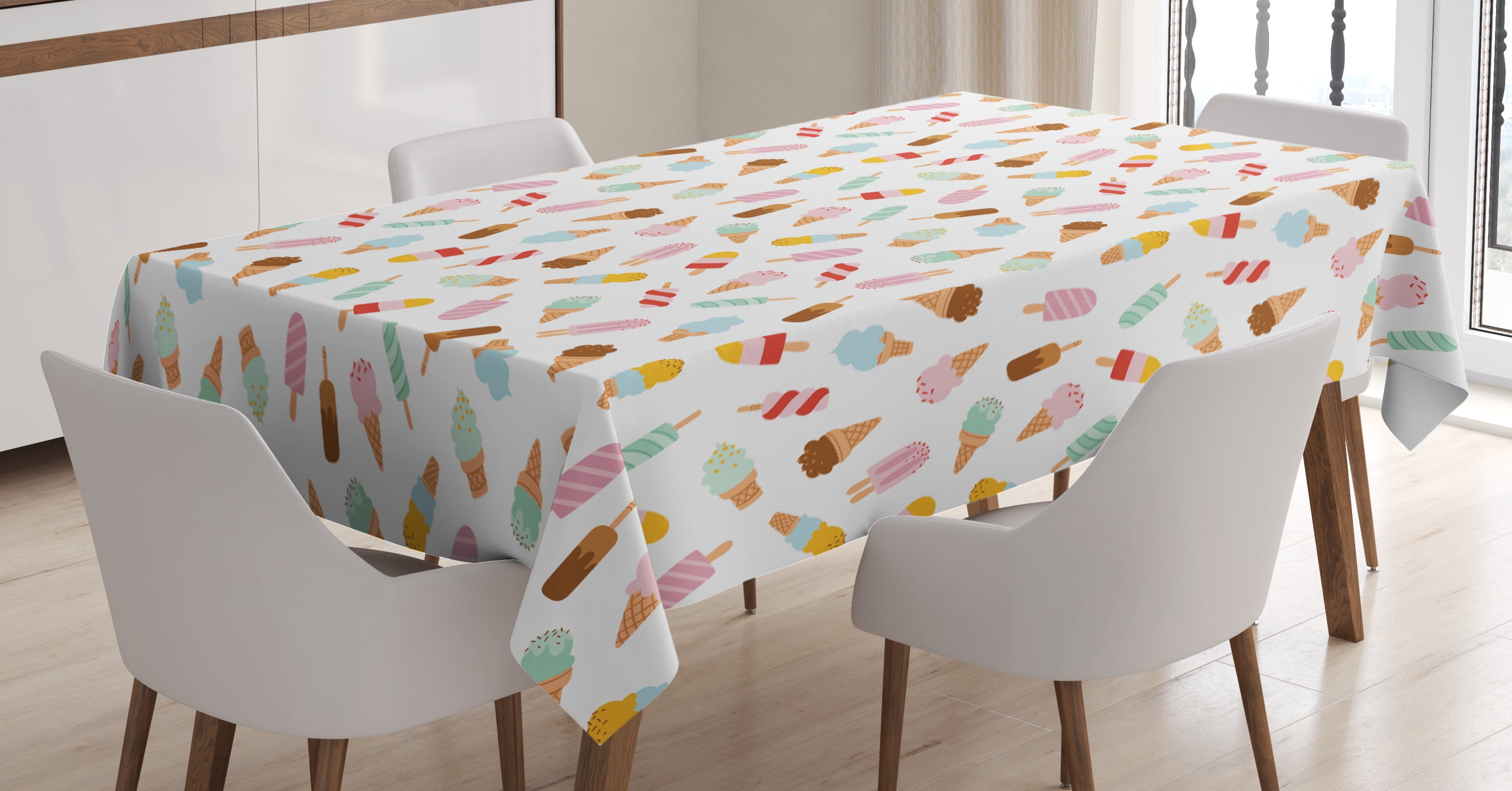 Ice Cream Tablecloth, Cartoon Doodle Style Creamy Delicious Diary