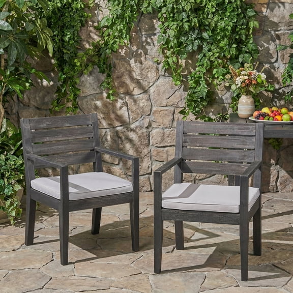 FFZ Acacia Wood Outdoor Dining Chair Set of 2 with Slatted Back & Water-Resistant Cushion, DARK GREY