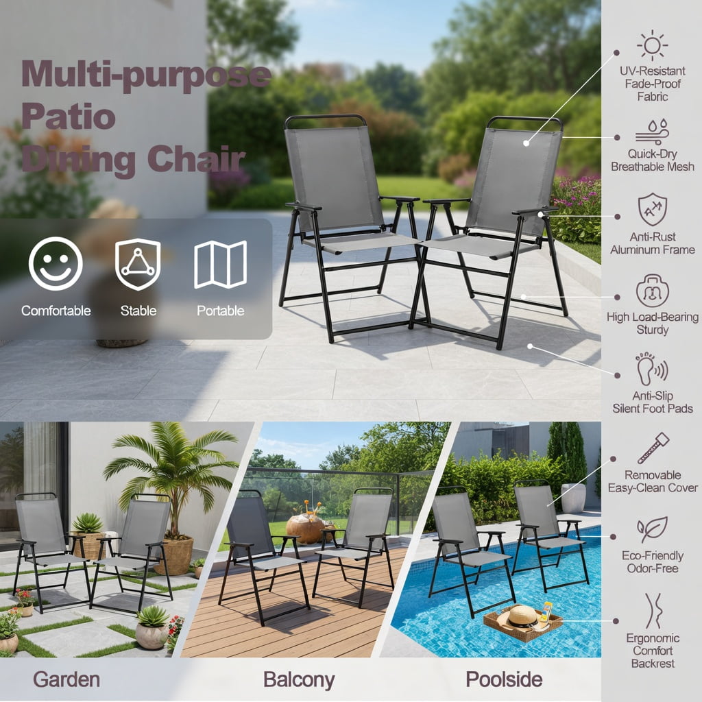 Hommoo 2-Pack Foldable Outdoor Sling Chairs with Armrests & Heavy-Duty Steel Frame, Easy-Store Patio Seating, Gray