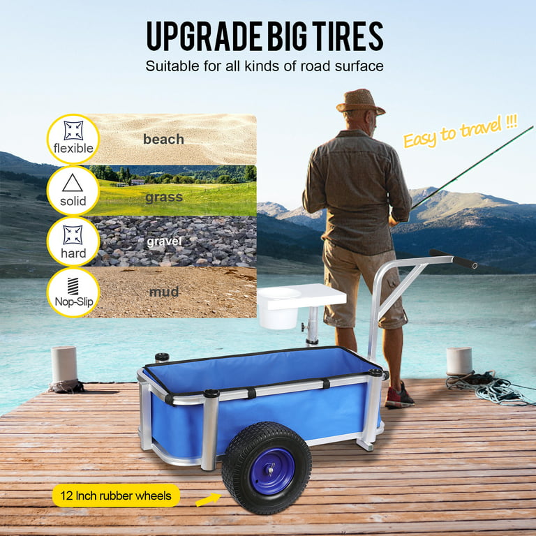 Beach Fishing Cart, 35.8L x 16.1W x 29.9H Fish and Marine Carts w/  300lbs Load Capacity, with 12 Big Wheels Balloon Tires for Sand, Heavy-Duty  Aluminum Wagon-Rod Holders & Trolley, no Rust (