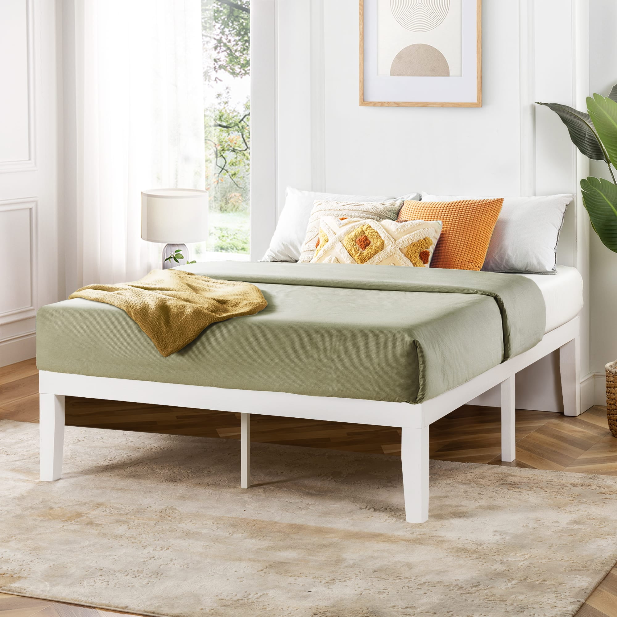 Mellow Naturalista Classic 16" Solid Wood Platform Bed with Wooden Slats, White, King