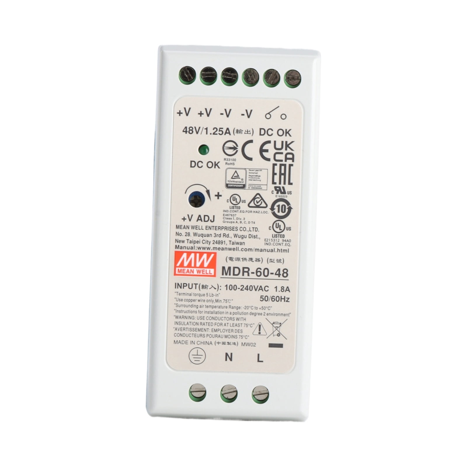 Feedannce 48V 1.25A 60W Industrial DIN Rail Power Supply, Automation, Control, MEAN WELL MDR-60-48